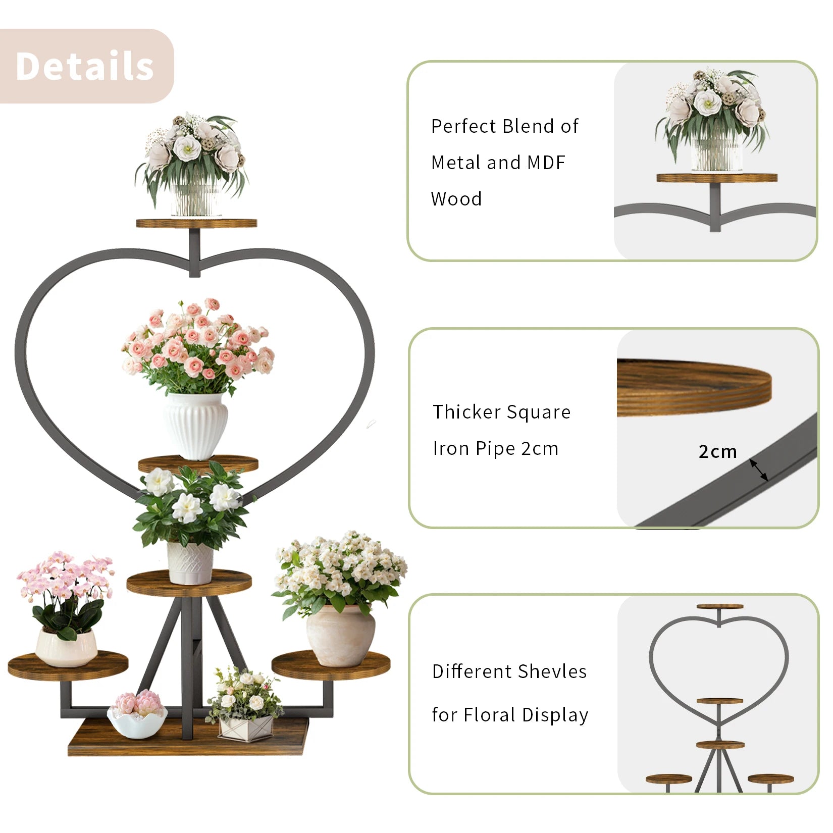 Vintage Metal & Wood Flower Display Rack Heart-shape Plant Stand Shelf for Living Room Balcony or Garden