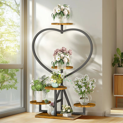 Vintage Metal & Wood Flower Display Rack Heart-shape Plant Stand Shelf for Living Room Balcony or Garden