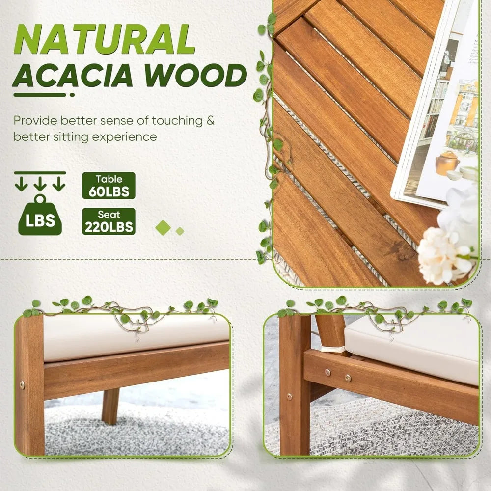 Acacia Wood Patio Furniture with Coffee Table & Cushions Outdoor Conversation Set Balcony Chairs for Porch, Deck