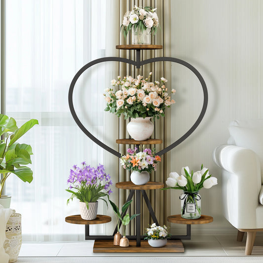 Vintage Metal & Wood Flower Display Rack Heart-shape Plant Stand Shelf for Living Room Balcony or Garden