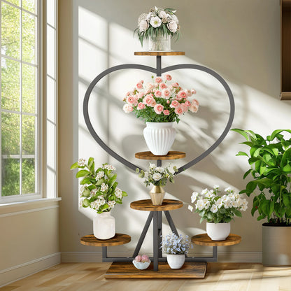 Vintage Metal & Wood Flower Display Rack Heart-shape Plant Stand Shelf for Living Room Balcony or Garden