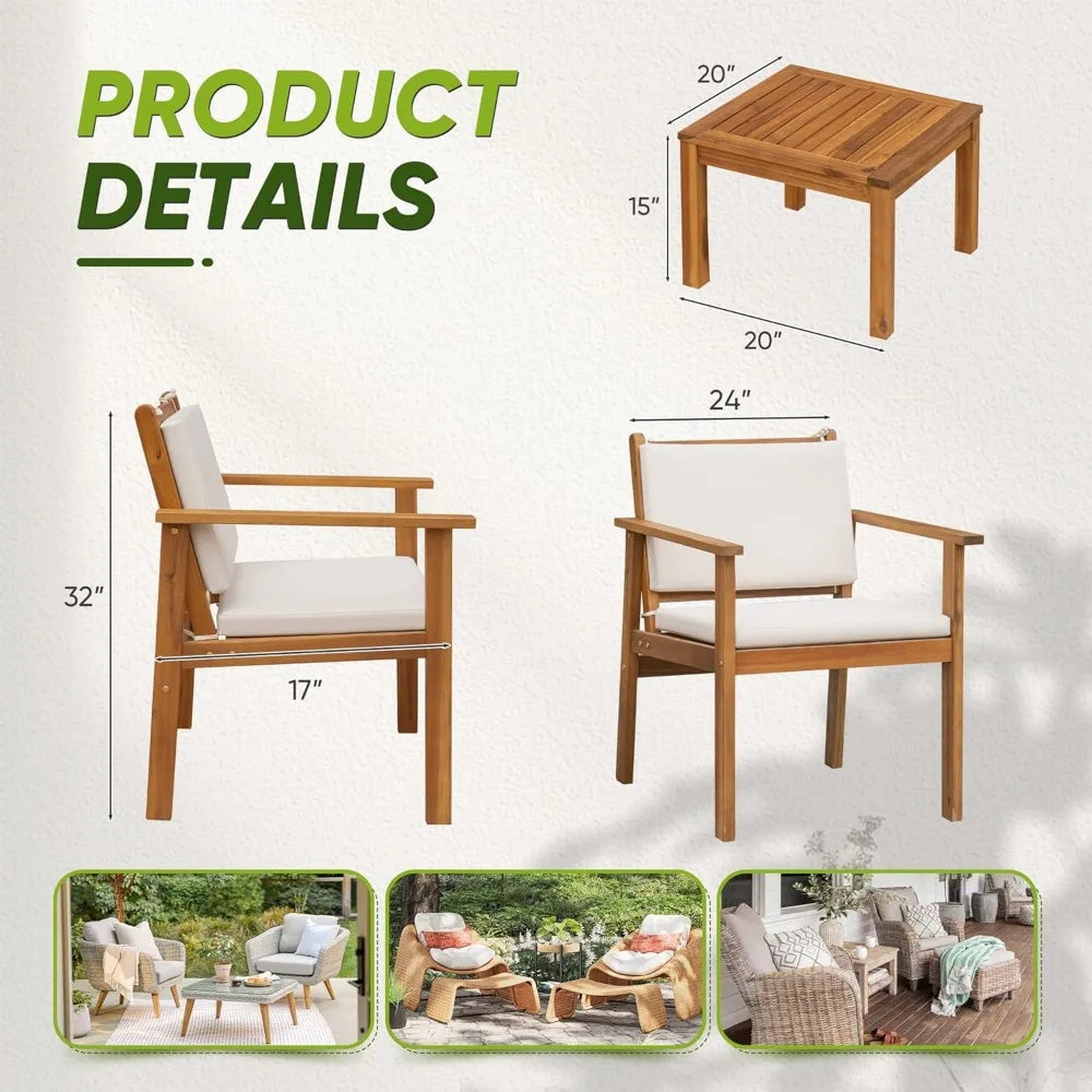 Acacia Wood Patio Furniture with Coffee Table & Cushions Outdoor Conversation Set Balcony Chairs for Porch, Deck
