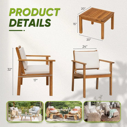 Acacia Wood Patio Furniture with Coffee Table & Cushions Outdoor Conversation Set Balcony Chairs for Porch, Deck