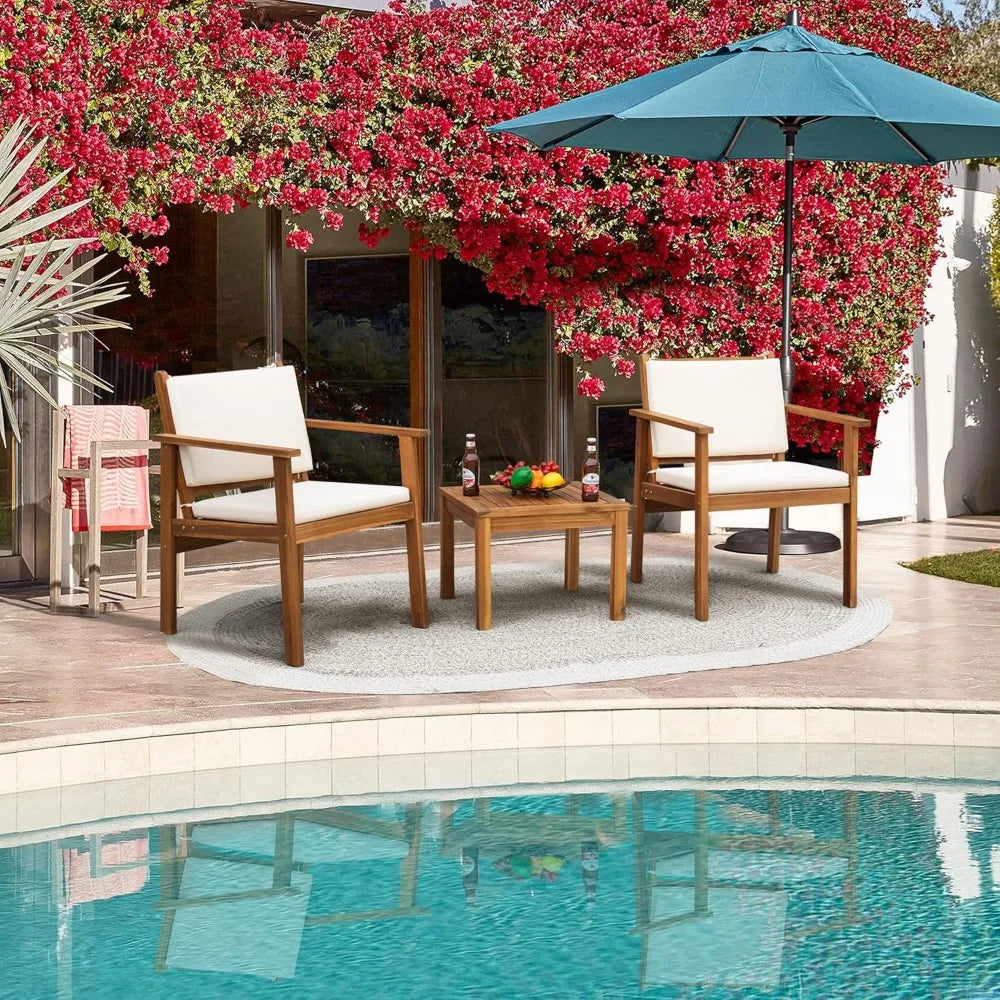 Acacia Wood Patio Furniture with Coffee Table & Cushions Outdoor Conversation Set Balcony Chairs for Porch, Deck