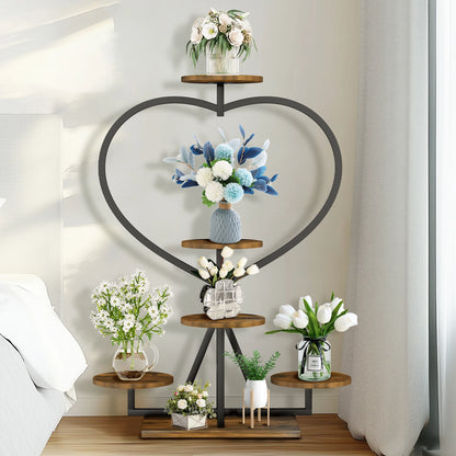 Vintage Metal & Wood Flower Display Rack Heart-shape Plant Stand Shelf for Living Room Balcony or Garden