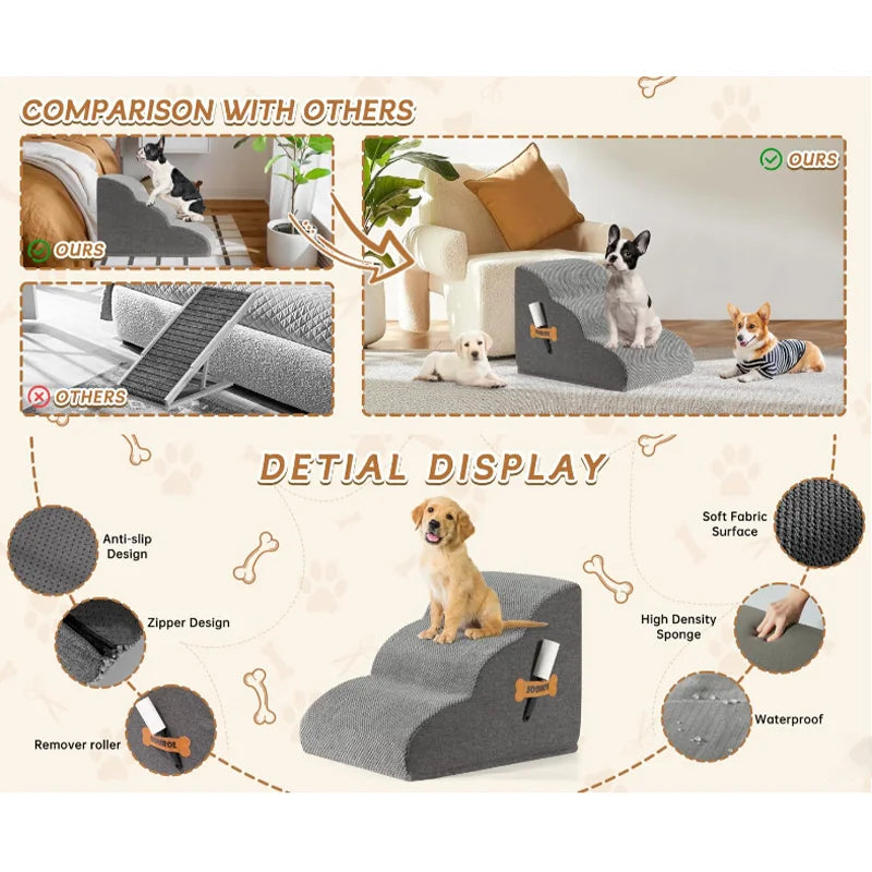 Detachable Pet Stairs, High-density Soft Sponge Dog Ramp Stairs, Ultra wide Anti Slip Steps, Suitable For High Beds Or Sofas